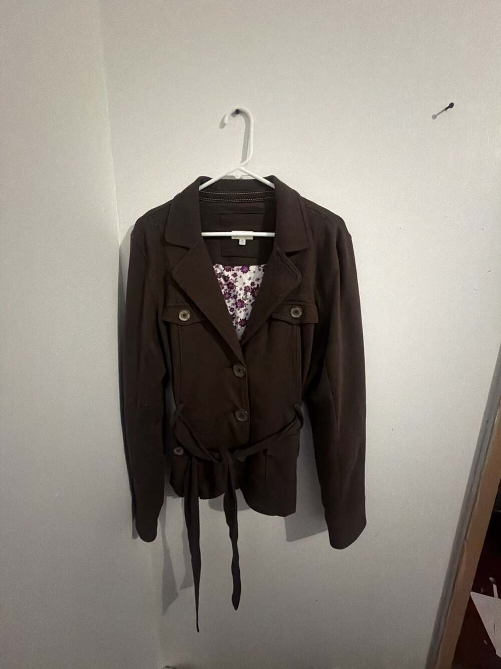 Maurices Belted Jacket Size XL Brown Floral Lined Trench Coat